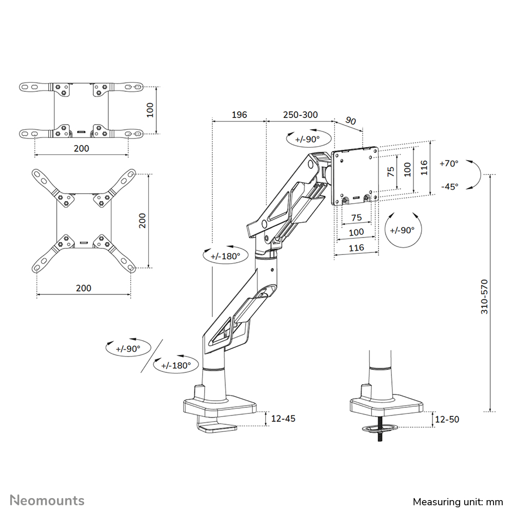 Neomounts DS70-256BL1 Gaming monitor arm 24-57" - gas spring - Topfix - 180°-stop